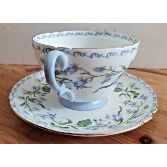 Shelley Harebell Pattern Oleander Blue & Green Henley Shaped Tea Cup and Saucer - Picture 7 of 12